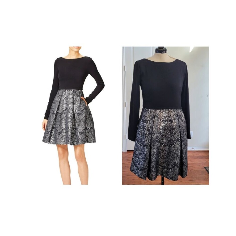 Theia Nailhead Dress Black Silver Women 14 Fit Flare Formal Cocktail Funeral
